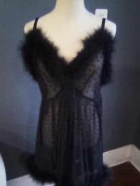 Savage X Fenty Black Sheer Polka Dot Feather-Trim Slip